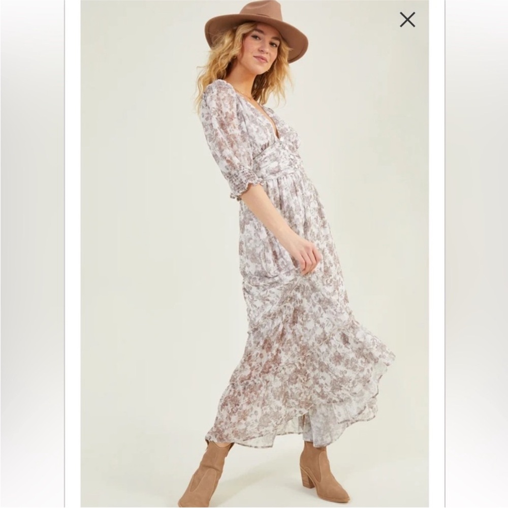 Altar'd State Cream Floral Nova Maxi Dress V-Neck Button Ruched Detail Dress